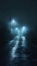 A street with lights on at night in the fog, AI