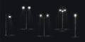 Street lights with one, two, three lamps glowing in night dark. Lanterns on poles.