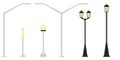 Street lights realistic icon set on white background in different styles. Decorative stylized streetlights silhouettes Royalty Free Stock Photo