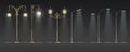 Street lights. Row of realistic city lanterns on pole, set of vintage and modern streetlights. Vector set of urban road