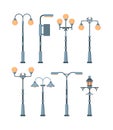 Street lights set. Traditionally and retro city lighting lamps antique vintage designs high metal structures of curved Royalty Free Stock Photo