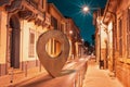 Street at Limassol old town with giant location pin