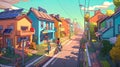 Street lined with colorful houses with solar panels on roofs, people cycling on road, AI generative illustration