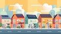 Street lined with colorful houses with solar panels on roofs, people cycling on road, AI generative illustration