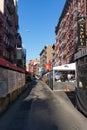 Street with Outdoor Dining Structures at Restaurants in Little Italy of New York City during the Covid 19 Pandemic