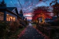 a street lined with trees and houses at sunset