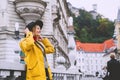 Street look of tourist woman in Ljubljana. Travel Slovenia, Europe Royalty Free Stock Photo