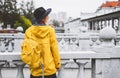 Street look of tourist woman in Ljubljana. Travel Slovenia, Europe Royalty Free Stock Photo