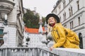 Street look of tourist woman in Ljubljana. Travel Slovenia, Europe Royalty Free Stock Photo