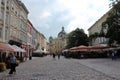 Street in Lvov with cozy caffe