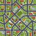 Street map top view. City transport infrastructure, urban roads plan, houses rooftops in green courtyards, bushes and