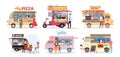 Street market food truck, outdoor cafe vector illustration set. Cartoon foodtruck with menu pizza asian food burger ice Royalty Free Stock Photo