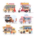 Street market food truck vector illustration set. Cartoon van stall marketplace mini cafe selling pizza asian food Royalty Free Stock Photo