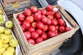 Street market of fresh red and green garden apples fruits in w Royalty Free Stock Photo