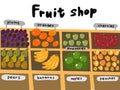 Street market. Fruits shop sketch set. Oranges apples bananas pineapples pears and plums. Hand drawn. Vector cartoon