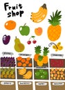 Street market. Fruits shop sketch set. Oranges apples bananas pineapples pears and plums. Hand drawn. Vector cartoon