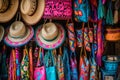 Street market selling bags, hats, beach accessories and souvenirs in touristic resort town Royalty Free Stock Photo