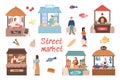 Street market set with local farmers, cartoon vector illustration isolated.