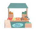 Street market stall fruits and vegetables cartoon vector illustration isolated. Royalty Free Stock Photo