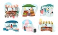 Street market stalls flat vector illustrations set. Fair, funfair trade tents, outdoor kiosks and carts with sellers. Shopping