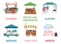 Street market stalls flat vector illustrations set. Fair, funfair trade tents, outdoor kiosks and carts, trolleys. Urban festival