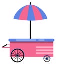 Street market stand. Pink food cart with striped umbrella