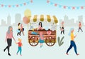 Street market wooden cart with toys flat illustration. Retro circus fair store stall on wheels. Trade trolley with craft toys. Royalty Free Stock Photo