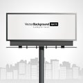 Street massive billboard on background skyscrapers vector banner. Dark steel frame with white screen for digital signage