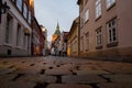 Street with Medieval old brick buildings, Saint Michaelis Church Luneburg