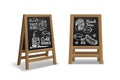 Street menu. Black wooden board front and side view. Hot and cold drinks, street food chalk drawing sketch, outdoor