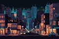 Street of modern night city, pixel art illustration