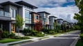 Street of modern suburban homes.