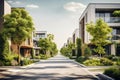 Street with modern townhouses and trees. Generative AI