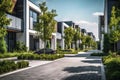 Street with modern townhouses and trees. Generative AI