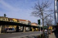 Street mood in multicolored urban berlin area, buildings, bicycle and traffic light