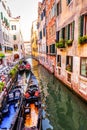 Street with moored gondolas and flowers, Venice, Italy