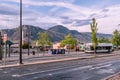 Street with a mountain range in the background on a cloudy day in Kamloops, Canada.