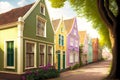 street with multi-colored dutch wooden tiny house