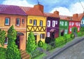 Street with multi-colored houses. Children`s drawing