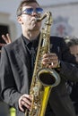 Street music band performing at a outdoor festival Royalty Free Stock Photo