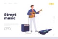 Street music landing page template with young talented man soloist singing playing guitar outdoors