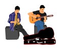 Street music performers with guitar and flute, clarinet vector illustration isolated on white background. Guitar player duet. Royalty Free Stock Photo