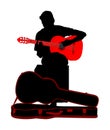 Street music performers with guitar vector silhouette illustration isolated on white background. Guitarist player. Musician boy.