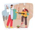 Street Musical Performance With Musicians Man And Woman Perform Outdoor Show With Drum And Guitar Illustration