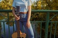 Street musician with acoustic guitar outdoor. Royalty Free Stock Photo