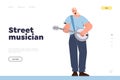 Street musician landing page with cartoon jazz woman playing banjo musical ethnic string instrument