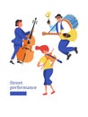 Street musician. Man band, violinist, bass player. Street performance. Vector illustration in flat style. Royalty Free Stock Photo