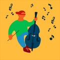 Street musician playing double bass. Contrabassist making a performance. Vector illustration in abstract flat style