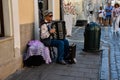 The street musician plays the accordion in Lviv