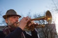 Street musician plays music Royalty Free Stock Photo